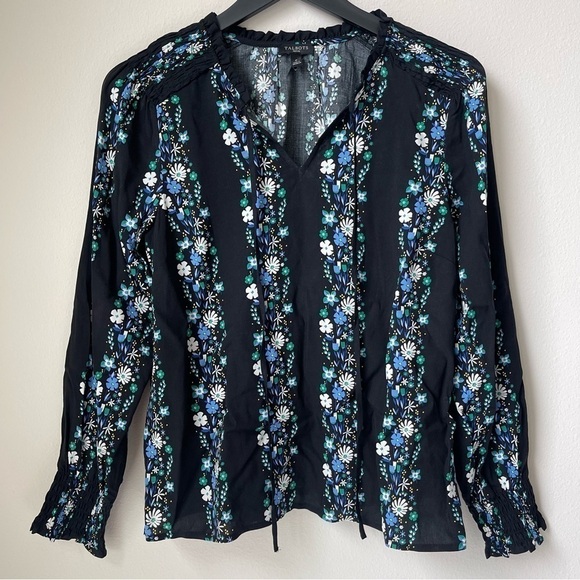 Talbots Tie Neck Smocked Top Floral Stripe - Picture 1 of 9